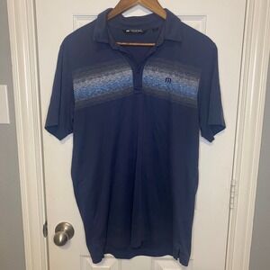 Travis Mathew Men's Medium Navy Blue Polo Shirt Short Sleeve Stripe Logo